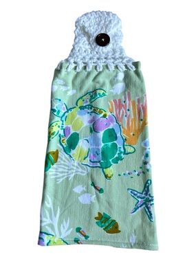 Hand Crafted Colorful Rainbow Turtle Print Hanging Hand Towel Crochet Top